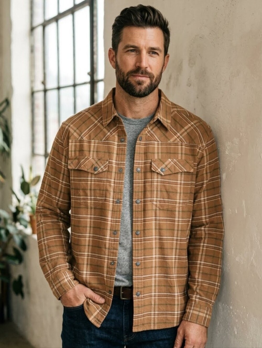Stio Men's Junction Midweight Flannel Shirt Clay Tan Plaid XXL Cabincore Outdoor